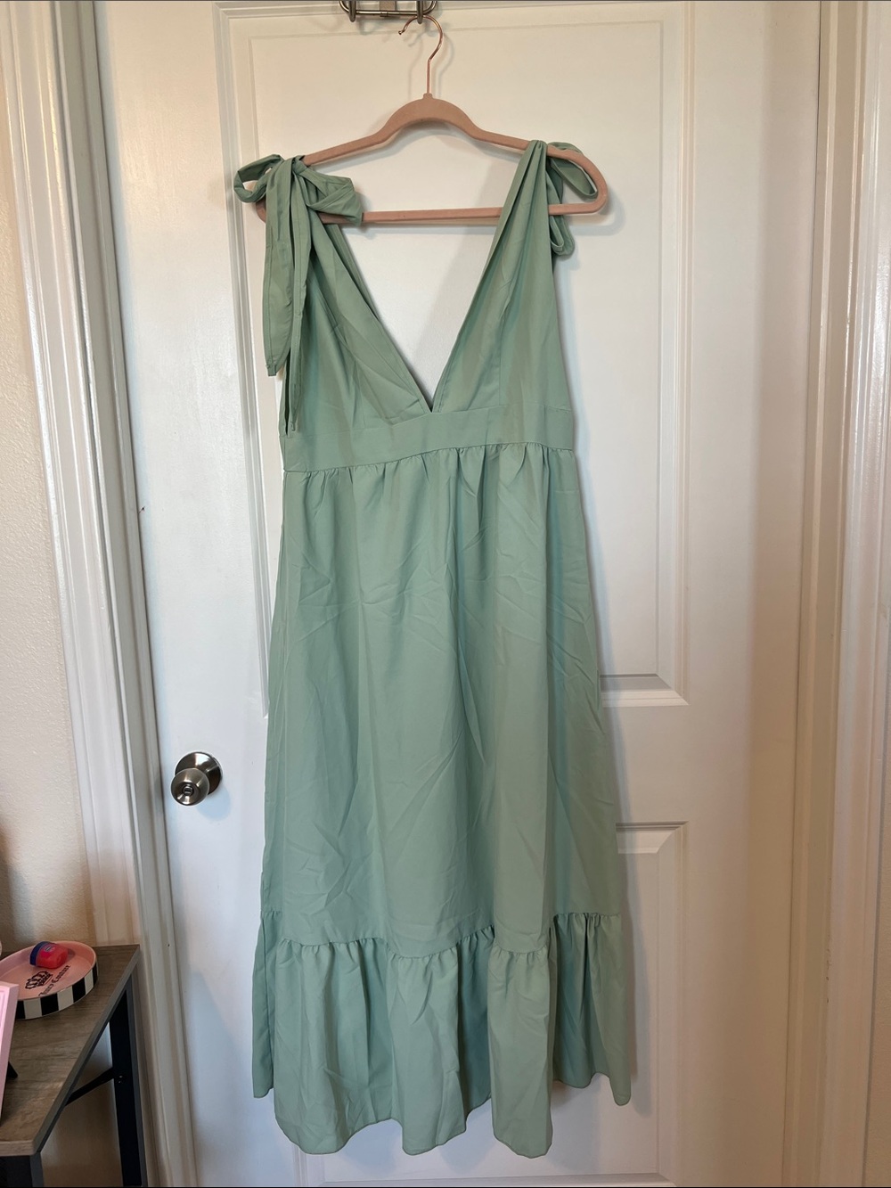 SHEIN Sage Green Tie-Shoulder V-Neck Maxi Dress